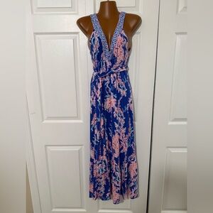 Lilly Pulitzer Blue and Pink Coral Print Maxi Dress